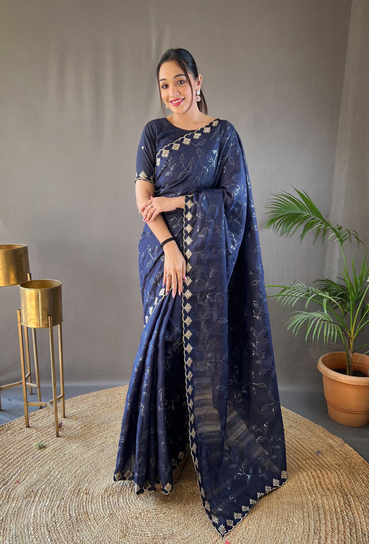 Presenting Ready To Wear Navy Blue Color Silk Saree