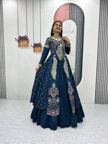 Stylish Pure Vichitra Heavy Thread Work Lehenga