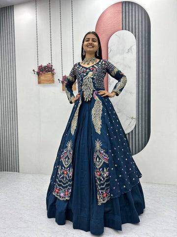 Stylish Pure Vichitra Heavy Thread Work Lehenga