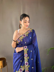 Awesome Navy Blue Color Matka Silk Saree