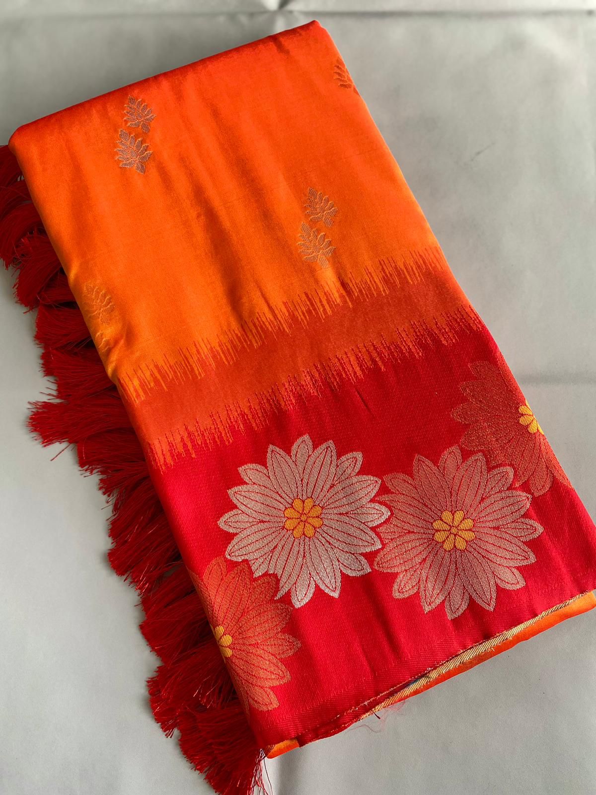 Beautiful Floral Zari Weaving Border Orange Color Silk Saree