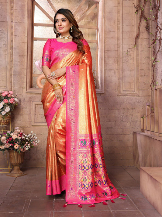 Wedding Wear Orange And Pink Colour Paithani Banarasi Tissue Silk Sarees