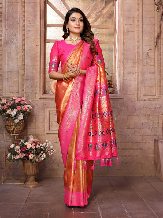 Wedding Wear Orange And Pink Colour Paithani Banarasi Tissue Silk Sarees
