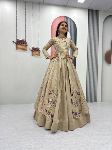 Stylish Pure Vichitra Heavy Thread Work Lehenga