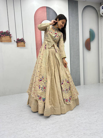Stylish Pure Vichitra Heavy Thread Work Lehenga