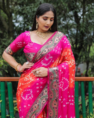 Bandhej With Zari Weaving Border Orange And Pink Saree