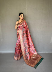 Kalamkari Fusion Print Pink Color Silk Saree