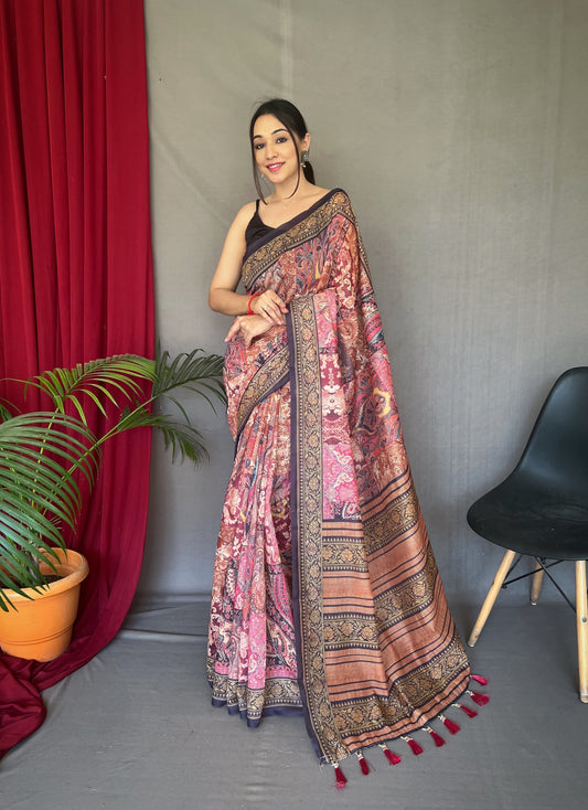 Outstanding Kashmiri Digital Print Pink Border Saree