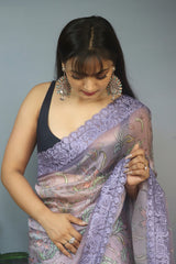 Gorgeous Organza Silk Kalamkari Print Purple Color Saree