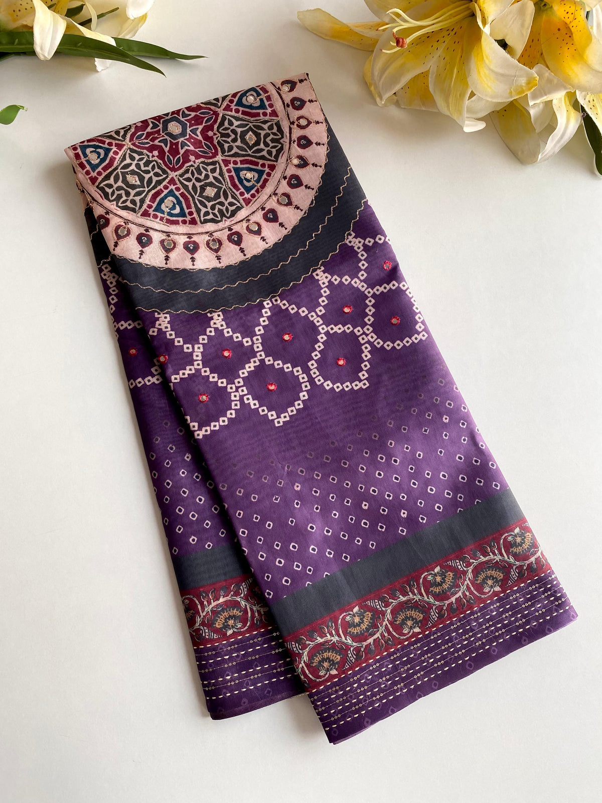 Captivating Bandhani Print With Work Purple Color Saree