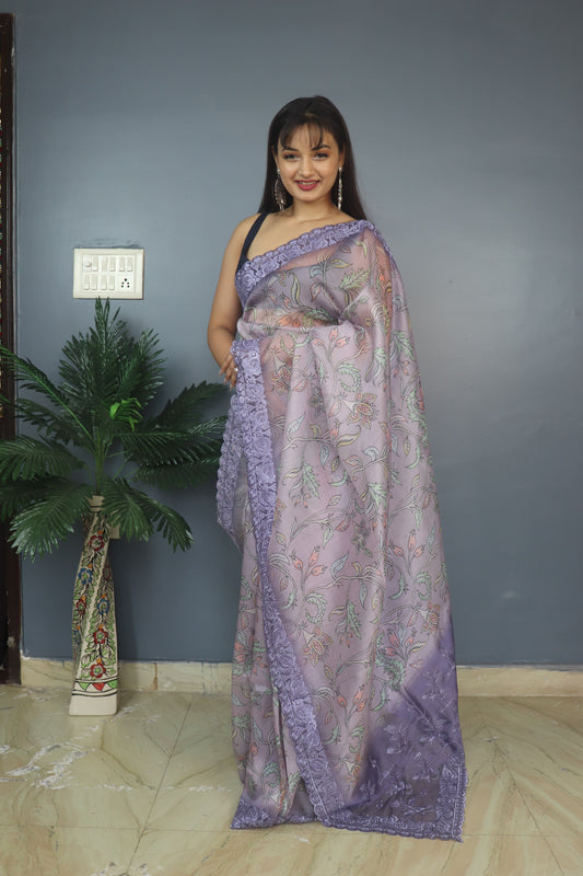 Gorgeous Organza Silk Kalamkari Print Purple Color Saree