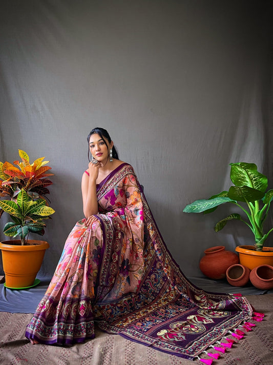 Captivating Digital Printed Cotton Peach Color Saree