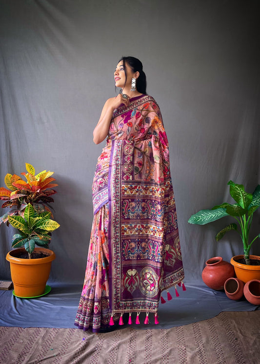 Captivating Digital Printed Cotton Peach Color Saree