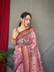 Outstanding Kashmiri Digital Print Pink Border Saree