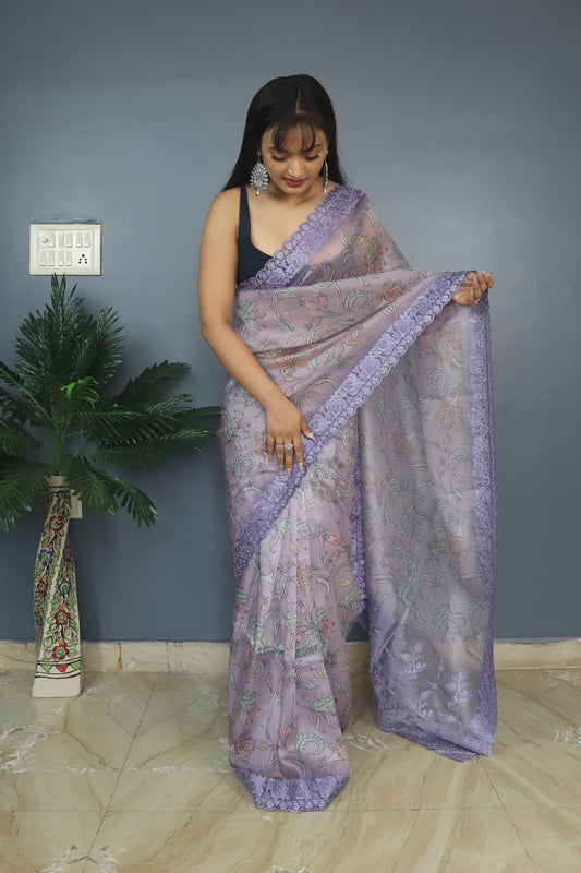 Gorgeous Organza Silk Kalamkari Print Purple Color Saree