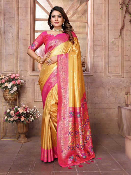Wedding Wear Yellow And Pink Colour Paithani Banarasi Tissue Silk Sarees