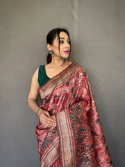 Kalamkari Fusion Print Pink Color Silk Saree