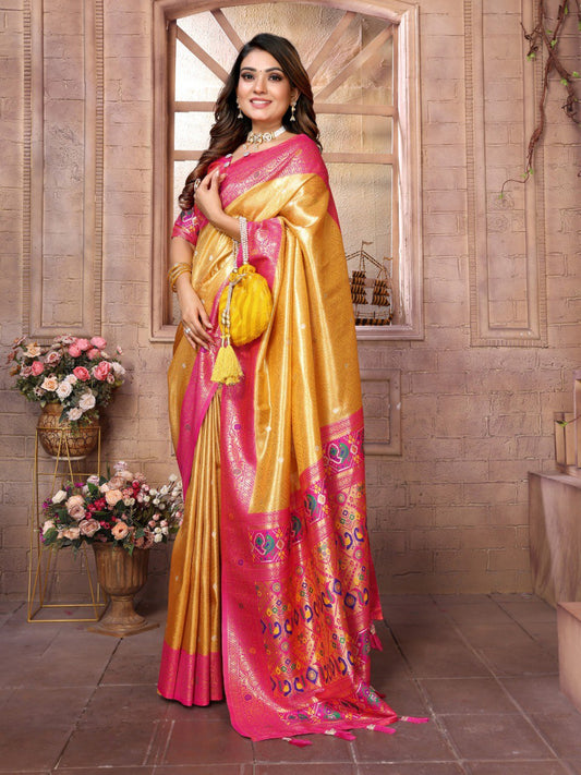 Wedding Wear Yellow And Pink Colour Paithani Banarasi Tissue Silk Sarees