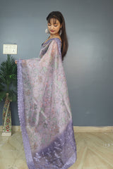 Gorgeous Organza Silk Kalamkari Print Purple Color Saree