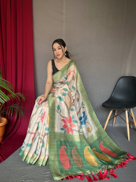 Fantastic unique Design Perrot Color Floral Katha Saree