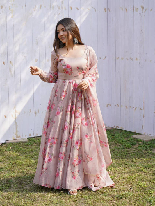 Fantastic Beige Color Anarkali Gown With Belt