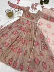 Fantastic Beige Color Anarkali Gown With Belt