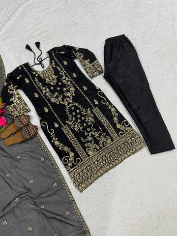 Charming Black Silk With Sequence Work Sharara Suit