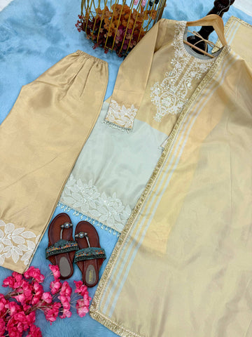Alluring Beige Banarasi Silk Embroidered Palazzo Suit