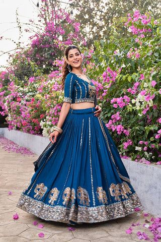 Mesmerizing Blue Vichitra with Embroidery Sequence Work Lehenga