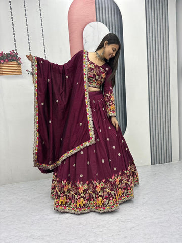 Charming Purple Chinon Embroidery Work Lehenga Choli