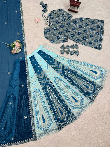 Blue Faux Georgette with Sequence Work Lehenga Top
