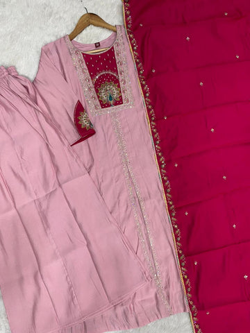Lovely Pink Roman Silk Multi Embroidery Anarkali Kurti Set