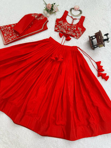 Stunning Red Havy Chinon Silk Plain Lehenga