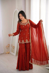 Red Fendy Silk with Sequence Work Sharara Suit