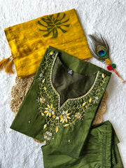 Attractive Green Premium Roman Silk Hand Work Kurti Set