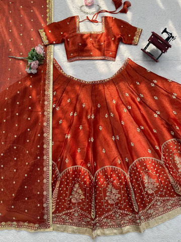 Exclusive Rust Silk With Thread Work Lehenga Choli