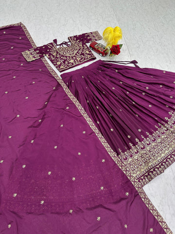 Exclusive Purple Chinon Heavy Embroidery Lehenga Choli