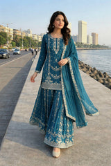 Exclusive Parrot Green Chinon Embroidery Work Palazzo Suit