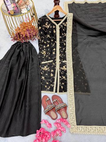 Amazing Green Silk with Embroidery Palazzo Suit