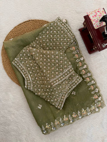 Trending Sequence Work Mehndi Green Silk Saree