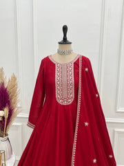 Stylish Red Vichitra Silk with Jari Work Anarkali Suit