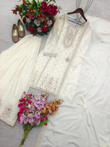 Charming White Chinon Silk Embroidery Work Sharara Suit