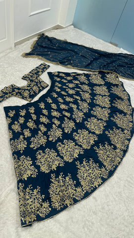Wedding Navy Blue Polo Silk Zari Work Lehenga Choli