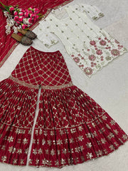 Trendy Red and White Silk with Sequence Work Sharara Suit