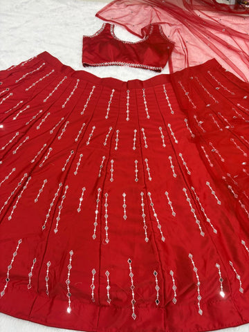 Captivating Red Malai Satin Silk Embroidered Lehenga