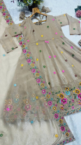 Outstanding Silk Multi Embroidery Work Gown