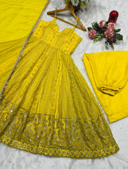 Alluring Yellow Organza with Zari Sequins Work Gown