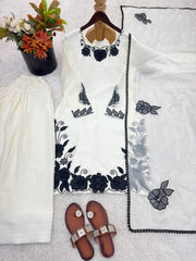 Imposing Cream Fendy Silk Thread Embroidered Kurti Set