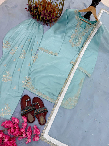 Exclusive Blue Silk Sequence Work Palazzo Suit