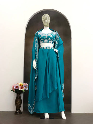 Exclusive Teal Blue Silk Embroidery Work Skirt With Top